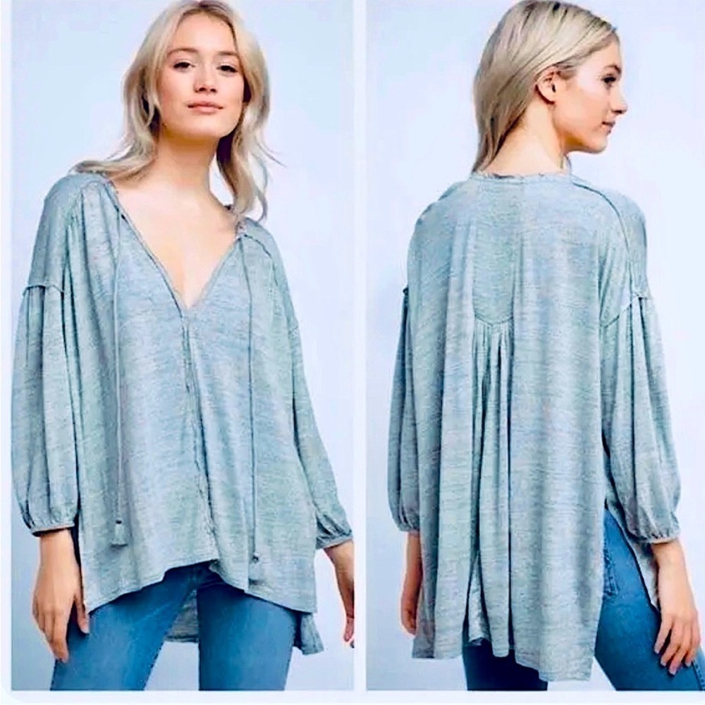We The Free Free Poeple Just a Henley Top in Oasis Heather Blue XS